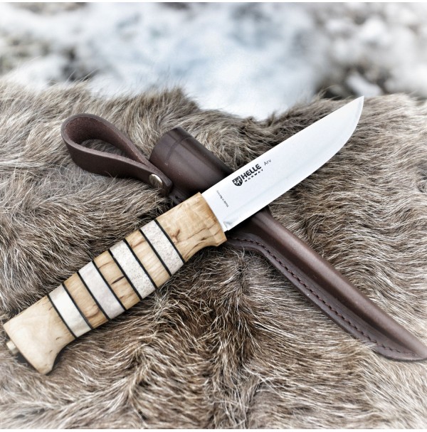 HELLE NORWAY ARV 14 CLASSIC VERSATILE 3.5"BLADE SHEATH KNIFE WITH CURLY BIRCH, LEATHER & STAGHORN HANDLE (RETIRED MODEL)